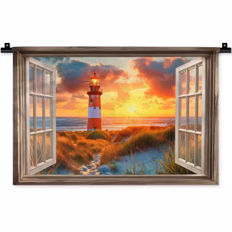 Wandkleed - Doorkijk - Raam - Vuurtoren - Zonsondergang - Strand — 1