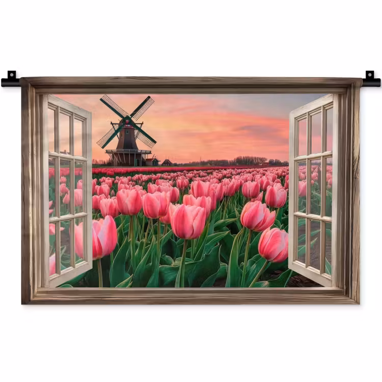 Wandkleed - Doorkijk - Tulpen - Bloemen - Molen - Raam — 1