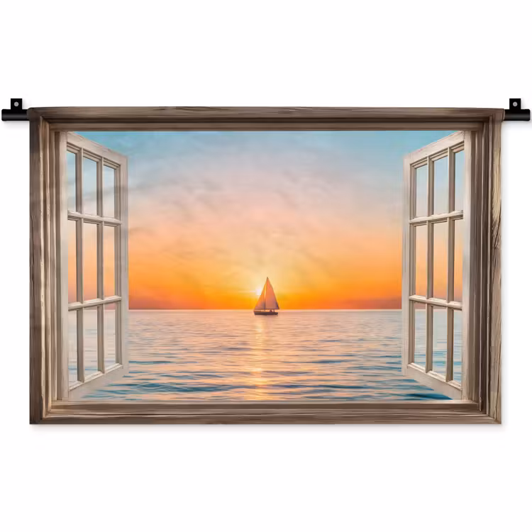 Wandkleed - Doorkijk - Zee - Boot - Zonsondergang — 1