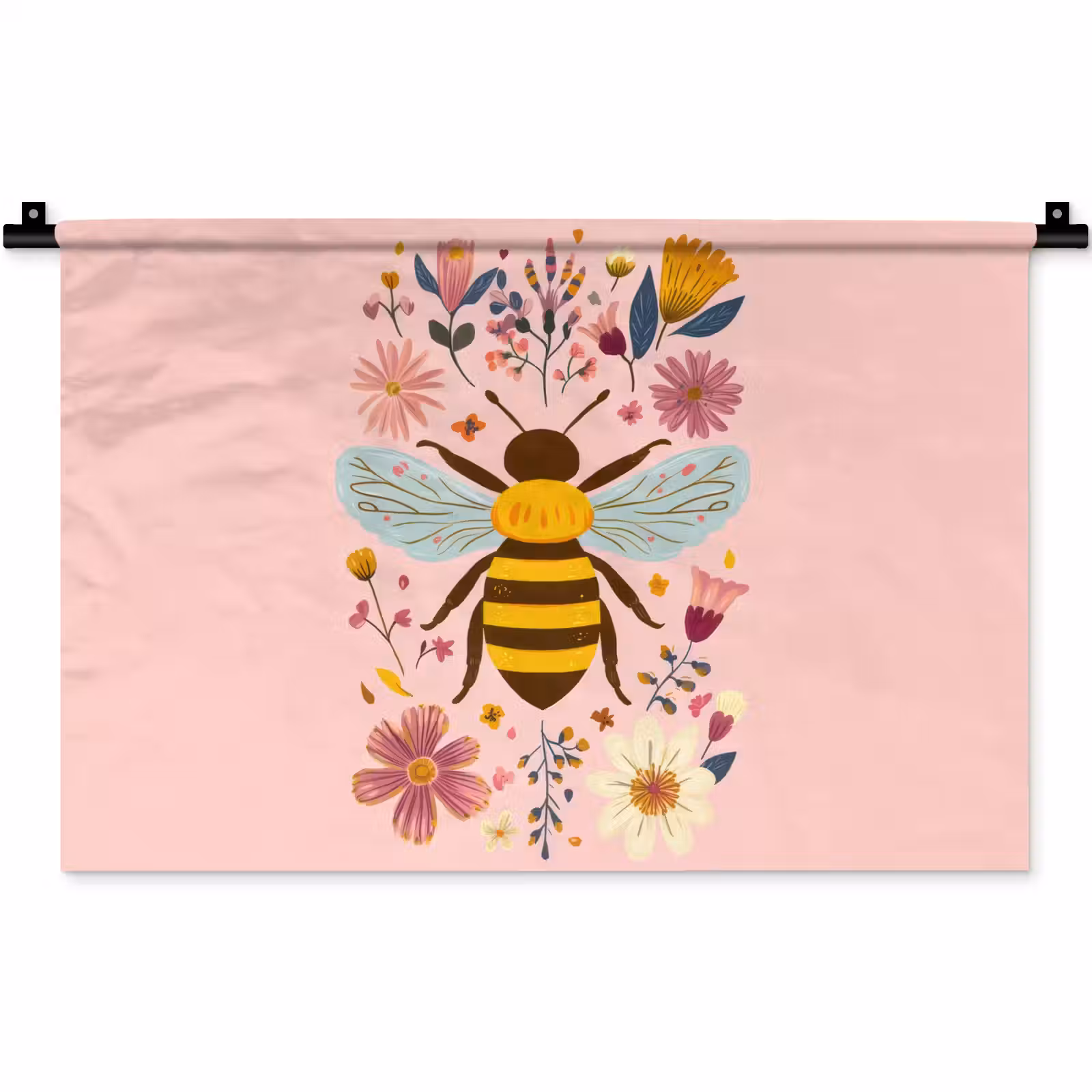 Wandkleed - Bij - Geel - Bloemen - Kleurrijk — 1