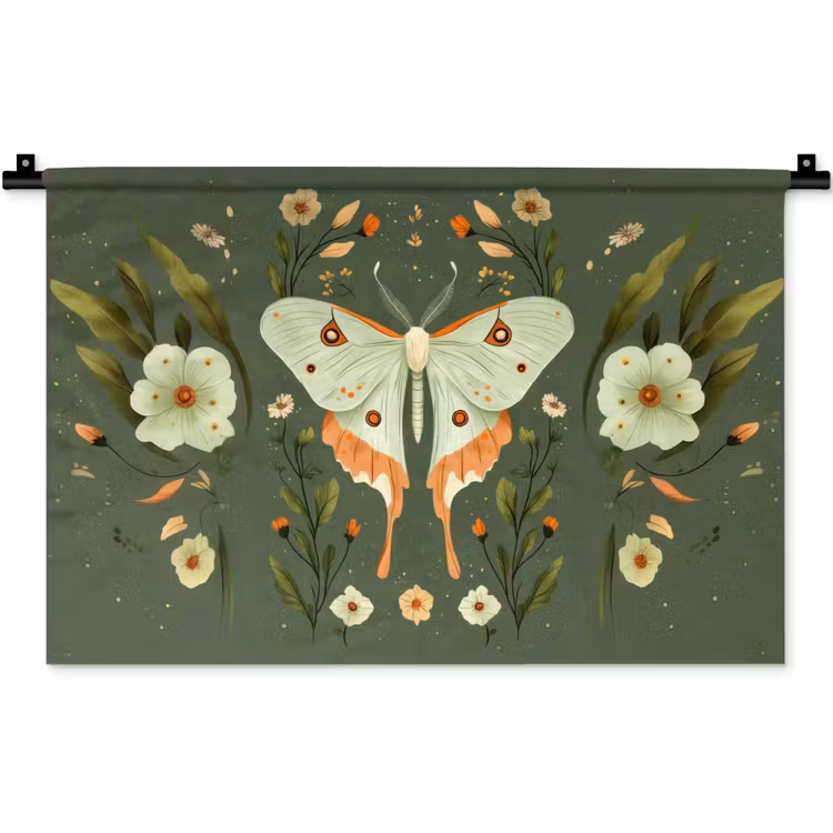 Wandkleed - Bloemen - Bladeren - Olijfgroen - Vlinder — 1