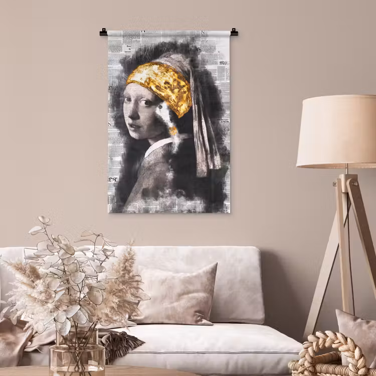 Wandkleed - Meisje met de parel - Johannes Vermeer - Krant - Goud — 2
