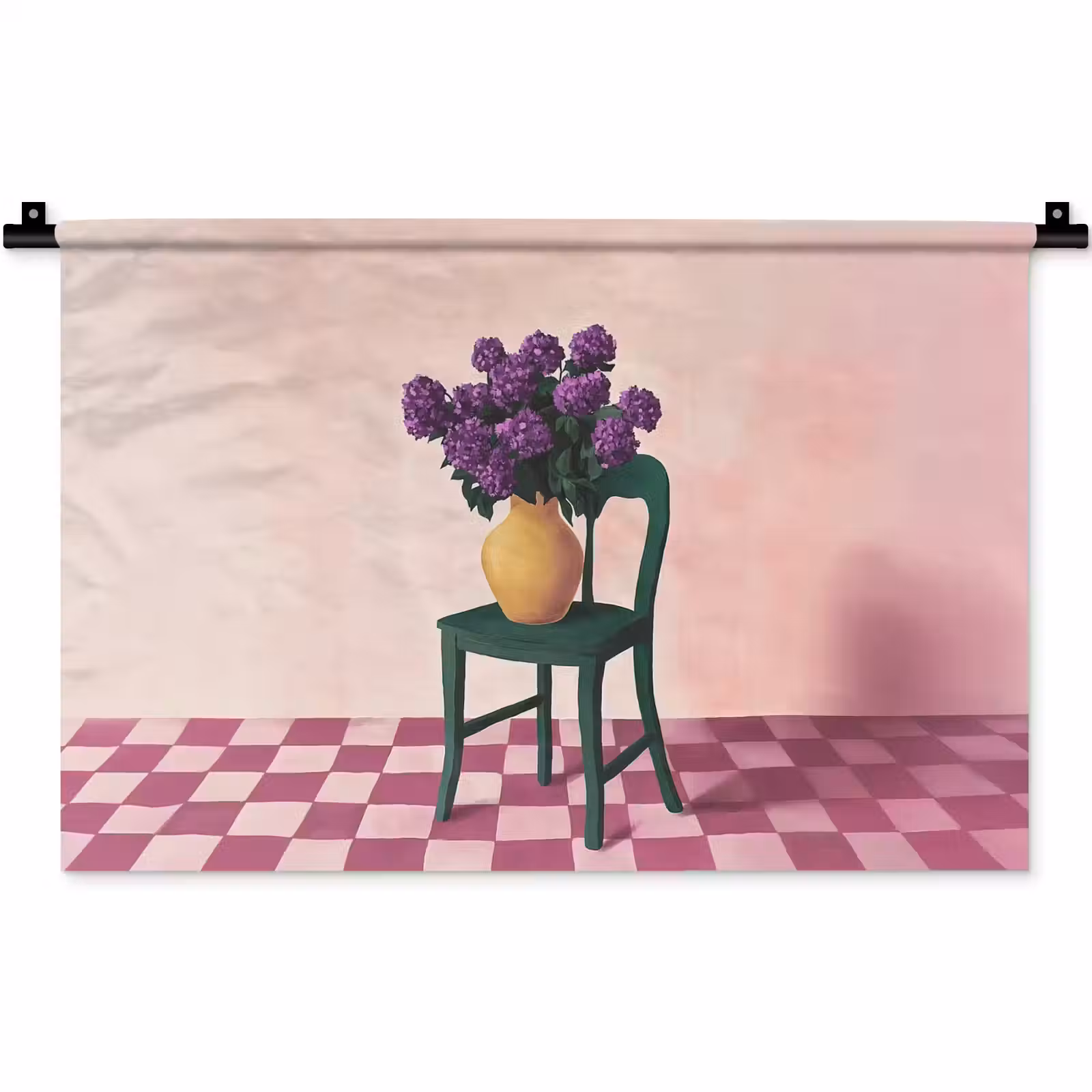 Wandkleed - Stoel - Vaas - Bloemen - Geblokt — 1