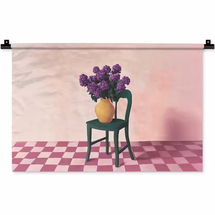 Wandkleed - Stoel - Vaas - Bloemen - Geblokt — 1