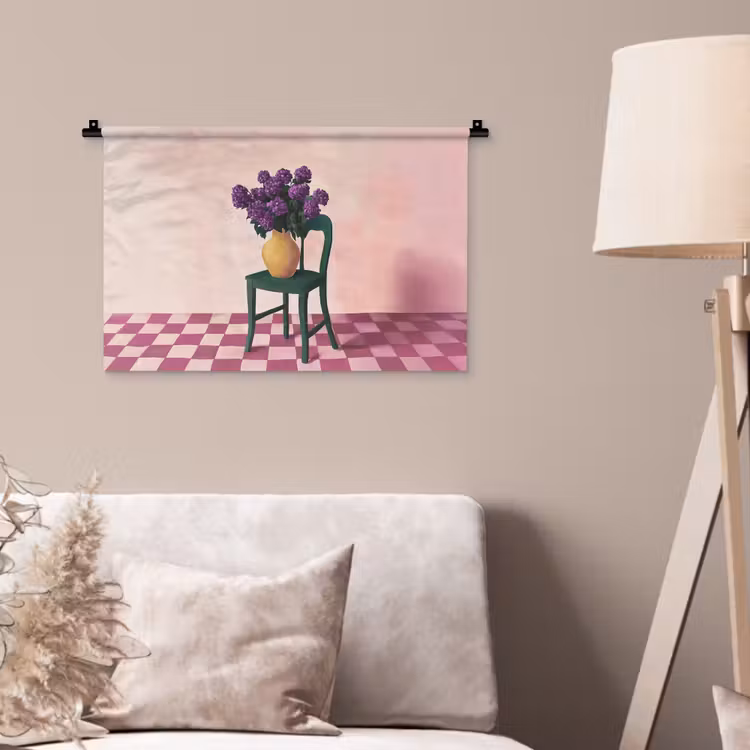 Wandkleed - Stoel - Vaas - Bloemen - Geblokt — 2