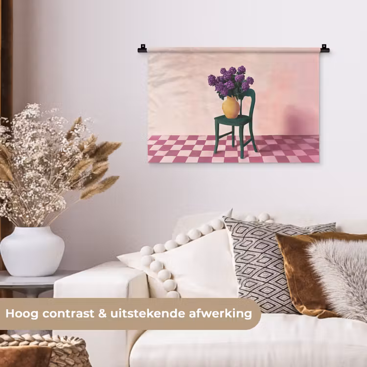 Wandkleed - Stoel - Vaas - Bloemen - Geblokt — 4