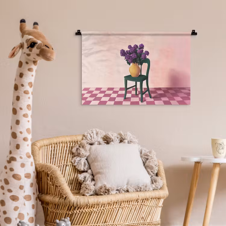 Wandkleed - Stoel - Vaas - Bloemen - Geblokt — 5