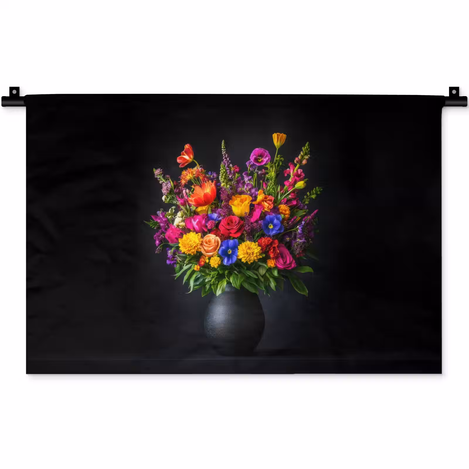 Wandkleed - Felgekleurd - Bloemen - Vaas — 1