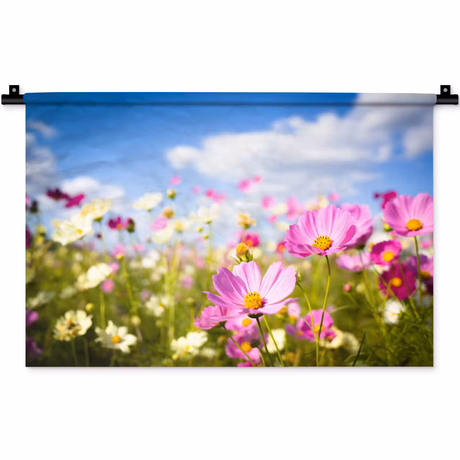Wandkleed - Bloemen - Wei - Paars - Gras - Wit - Wolken - Blauw — 1