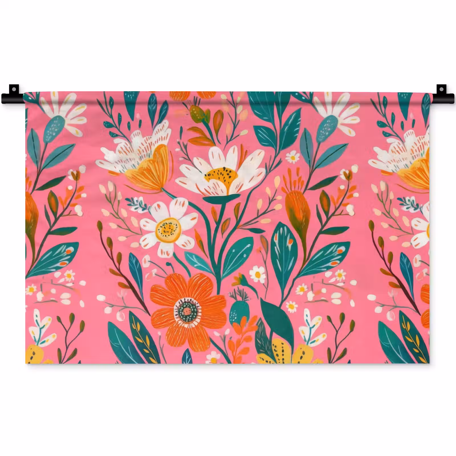Wandkleed - Roze - Bloemen - Wit - Oranje — 1