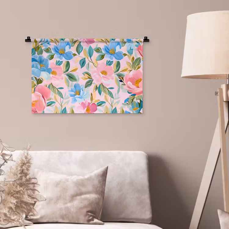 Wandkleed - Blauw - Roze - Bloemen — 2