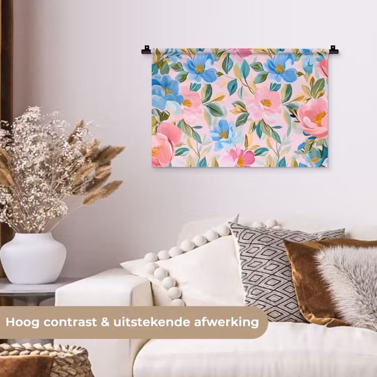 Wandkleed - Blauw - Roze - Bloemen — 4