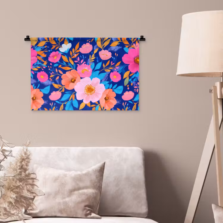 Wandkleed - Bloemen - Blauw - Roze — 2