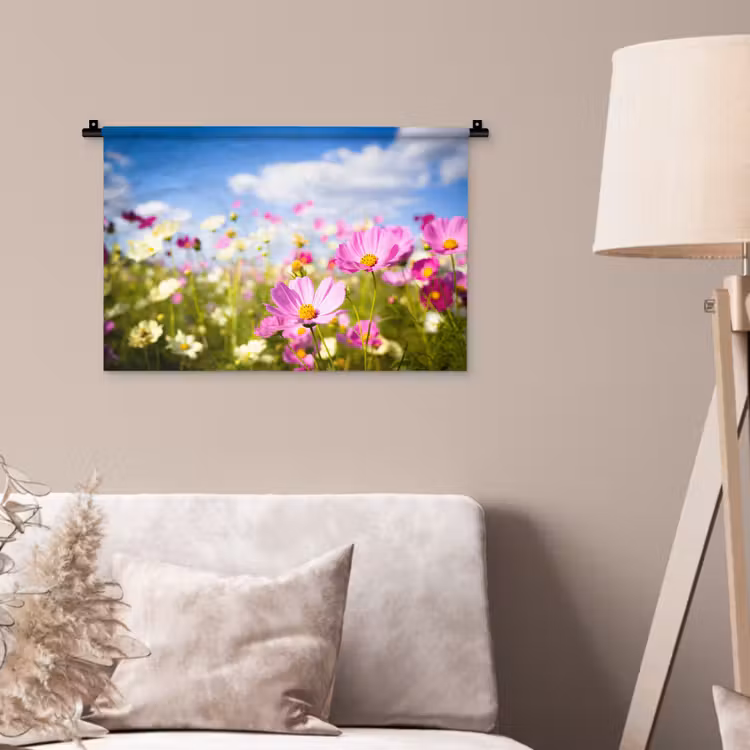 Wandkleed - Bloemen - Wei - Paars - Gras - Wit - Wolken - Blauw — 2