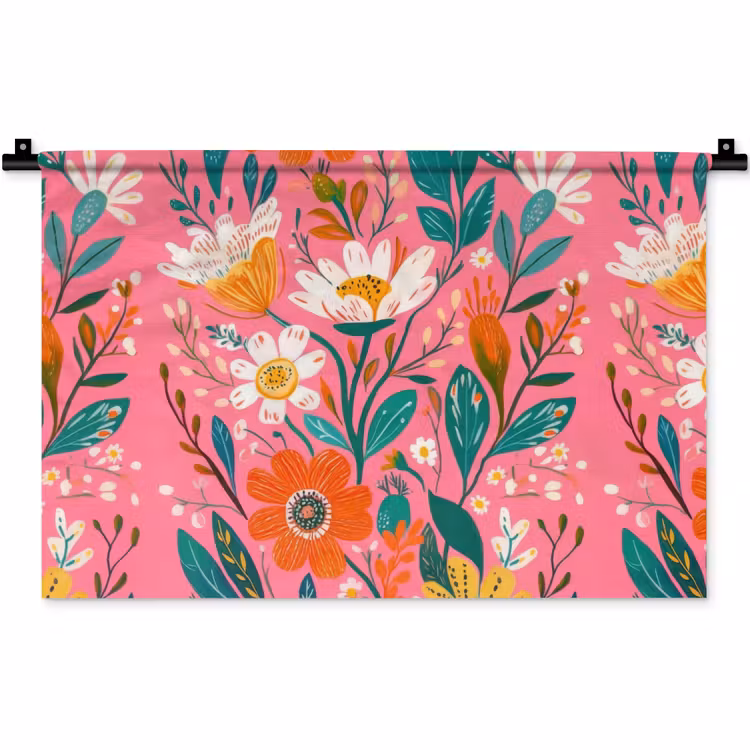 Wandkleed - Roze - Bloemen - Wit - Oranje — 1