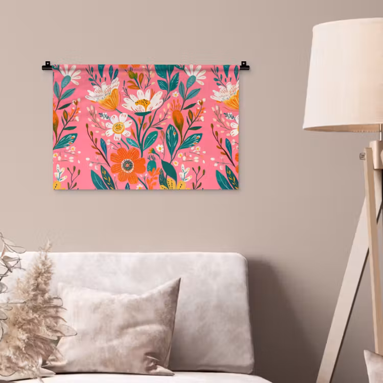 Wandkleed - Roze - Bloemen - Wit - Oranje — 2