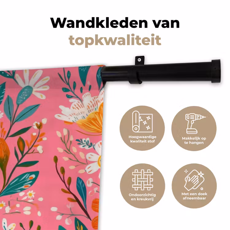 Wandkleed - Roze - Bloemen - Wit - Oranje — 3
