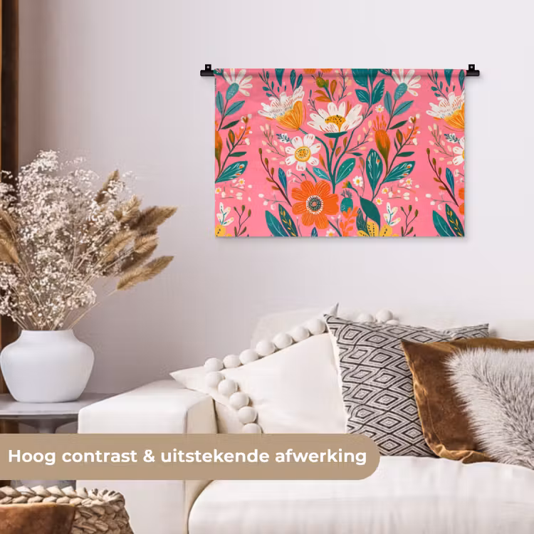 Wandkleed - Roze - Bloemen - Wit - Oranje — 4