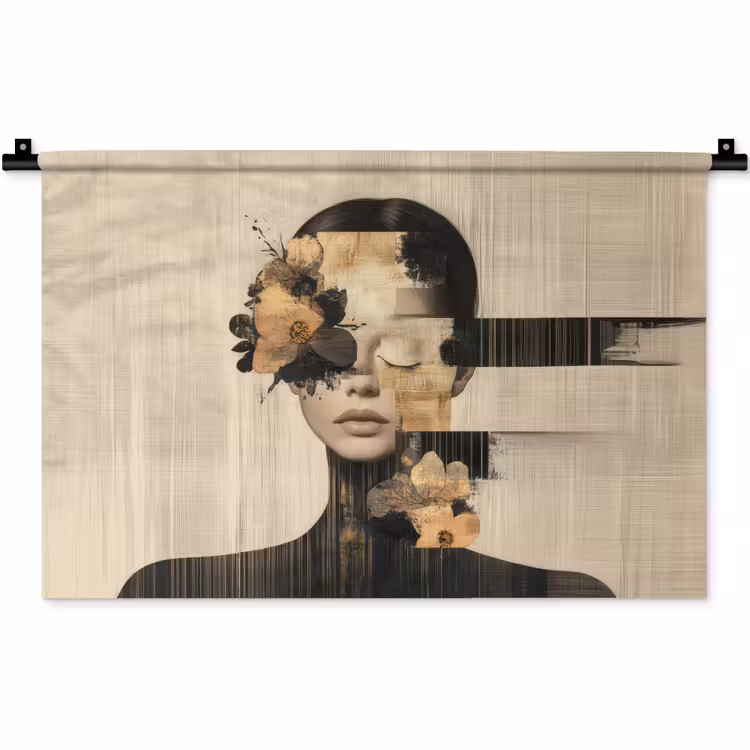 Wandkleed - Gezicht - Bloemen - Zwart - Vrouw — 1