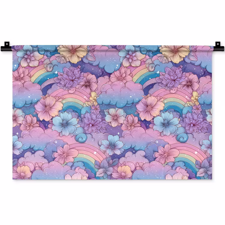 Wandkleed - Regenbogen - Bloemen - Kleurrijk - Wolken — 1