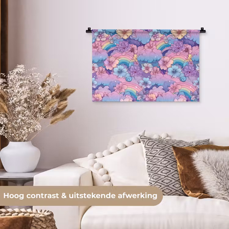 Wandkleed - Regenbogen - Bloemen - Kleurrijk - Wolken — 4