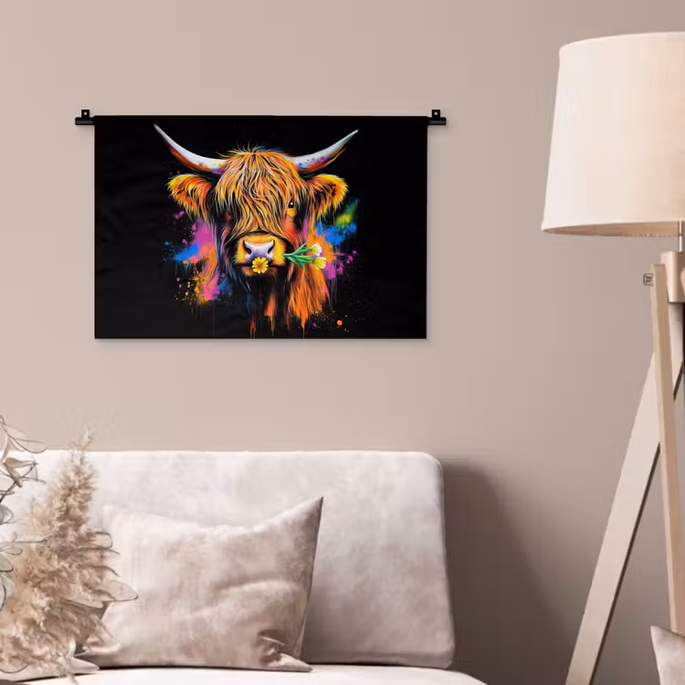 Wandkleed - Schotse Hooglander - Graffiti - Kleurrijk - Bloem - Dieren — 2
