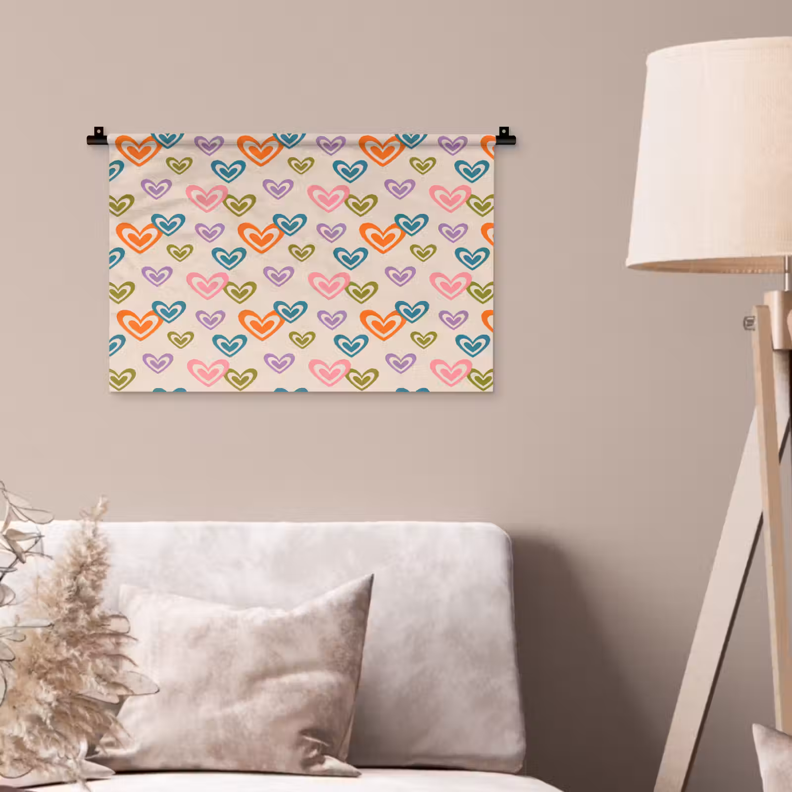 Wandkleed - Kleurrijk - Hartjes - Patroon - Beige — 1