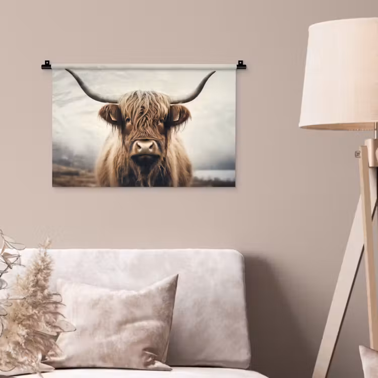 Wandkleed - Schotse hooglander - Hoorns - Landschap — 2