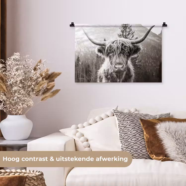 Wandkleed - Schotse hooglander - Koe - Dieren - Zwart - Wit — 4
