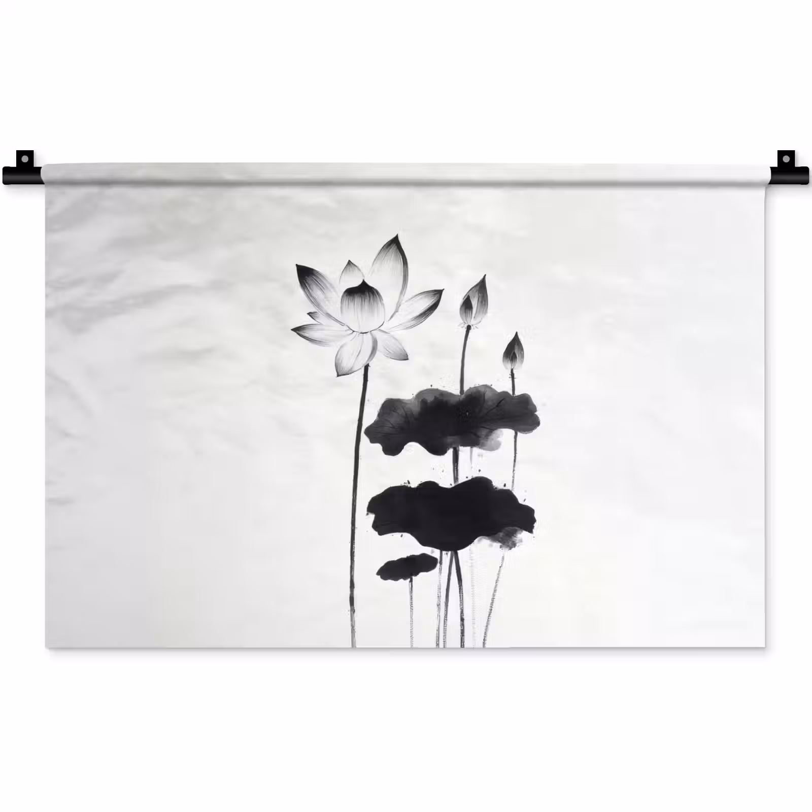Wandkleed - Bladeren - Zwart - Lotusbloem - Minimalitisch — 1