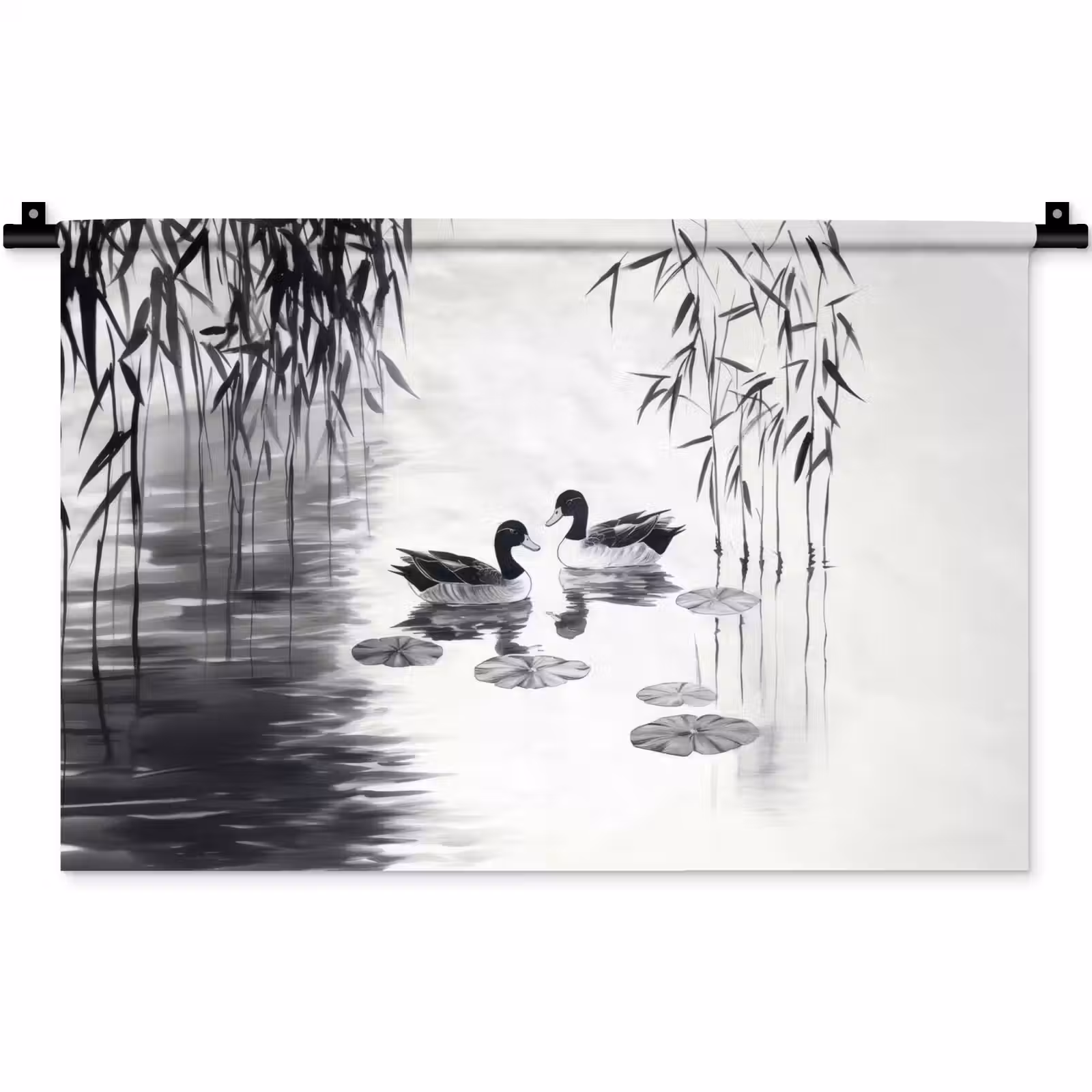 Wandkleed - Eenden - Waterlelies - Riet - Zwart — 1