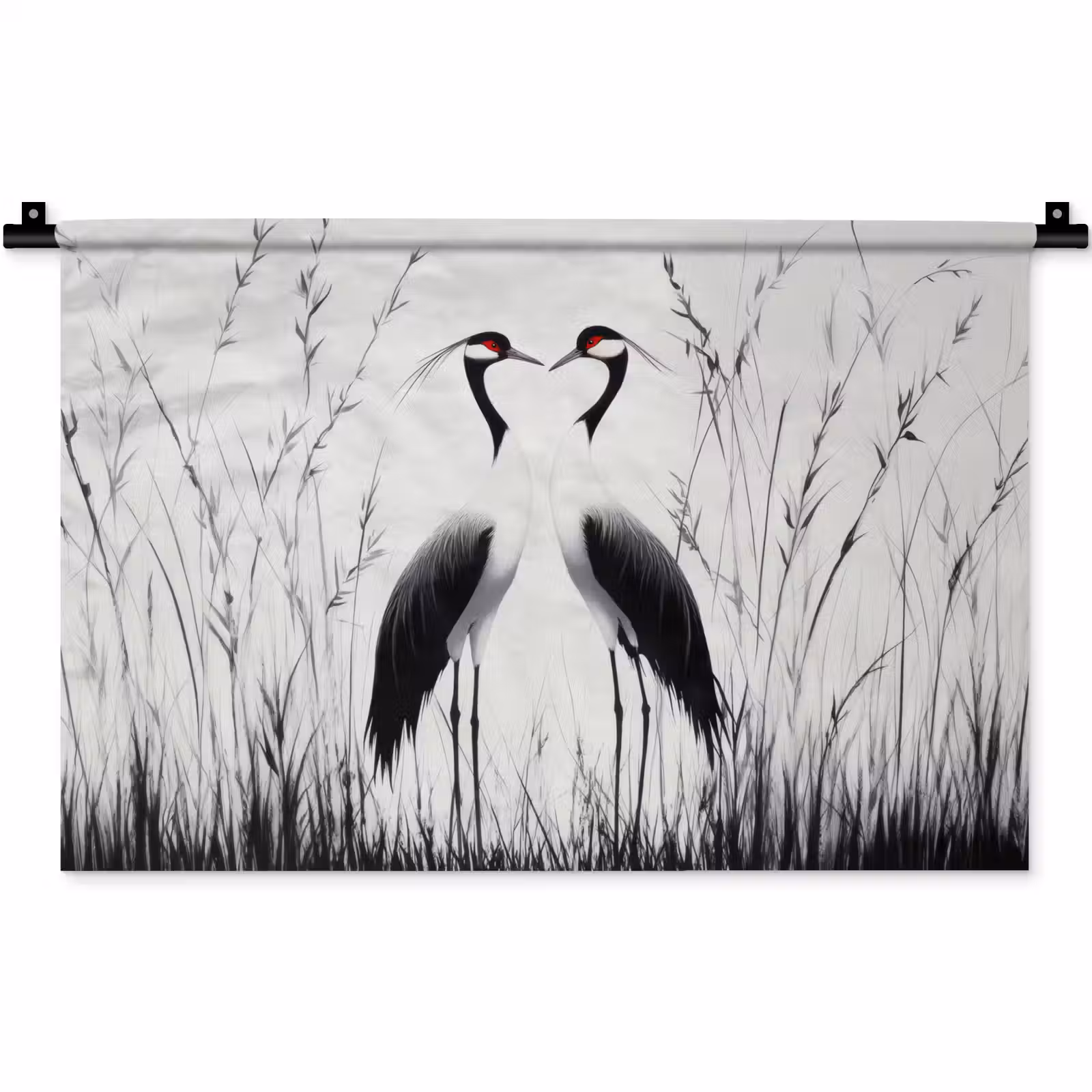 Wandkleed - Kraanvogels - Gras - Hartvorm - Zwart — 1