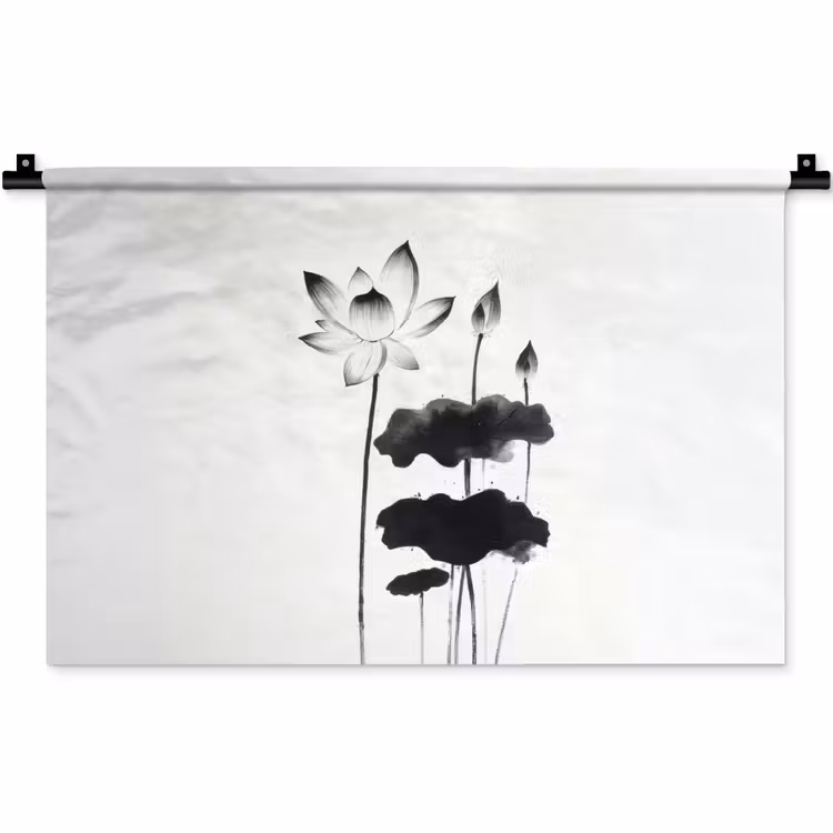 Wandkleed - Bladeren - Zwart - Lotusbloem - Minimalitisch — 1