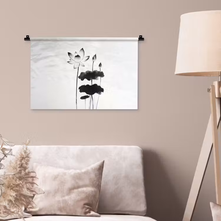 Wandkleed - Bladeren - Zwart - Lotusbloem - Minimalitisch — 2