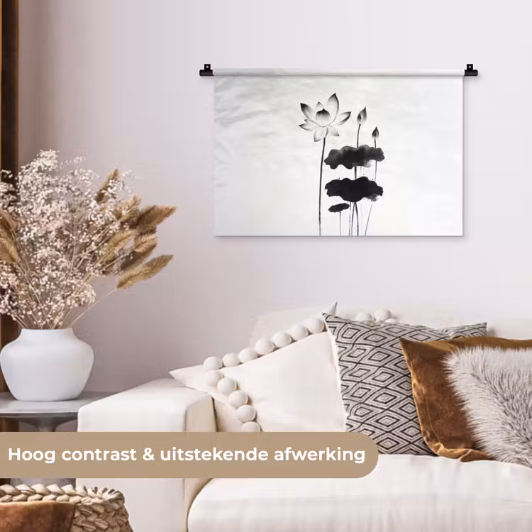 Wandkleed - Bladeren - Zwart - Lotusbloem - Minimalitisch — 4