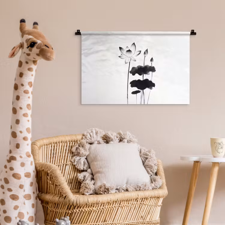 Wandkleed - Bladeren - Zwart - Lotusbloem - Minimalitisch — 5
