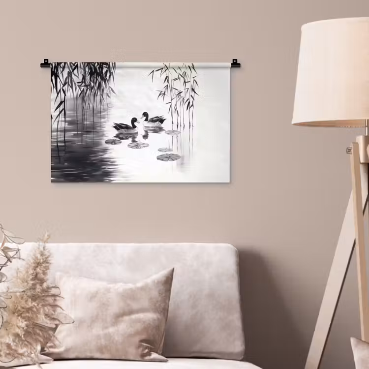 Wandkleed - Eenden - Waterlelies - Riet - Zwart — 2