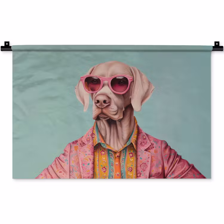 Wandkleed - Hond - Overhemd - Bloemen - Bril — 1