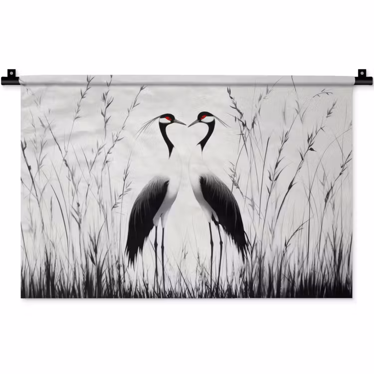 Wandkleed - Kraanvogels - Gras - Hartvorm - Zwart — 1