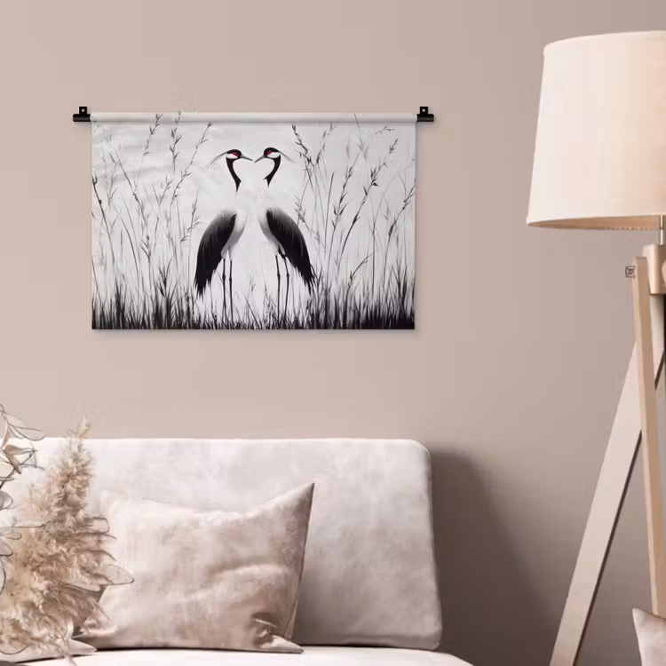 Wandkleed - Kraanvogels - Gras - Hartvorm - Zwart — 2