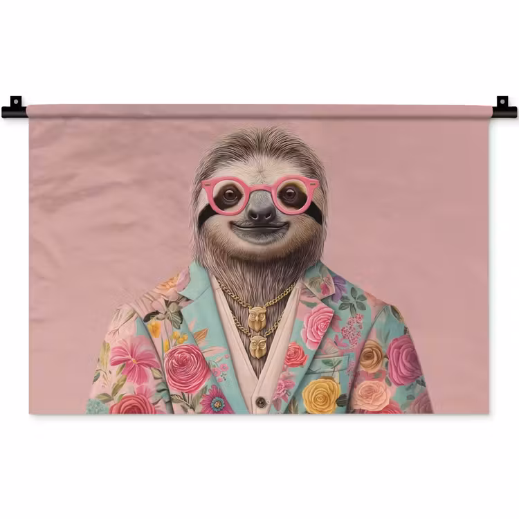 Wandkleed - Luiaard - Bloemenprint - Bril - Roze — 1