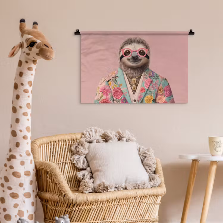 Wandkleed - Luiaard - Bloemenprint - Bril - Roze — 5