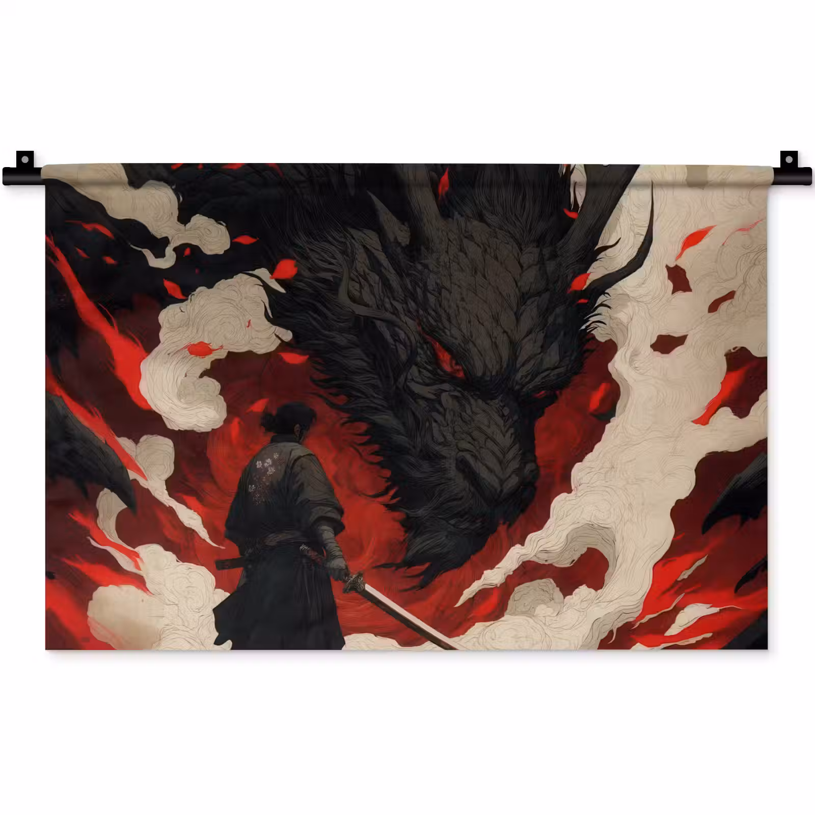 Wandkleed - Krijger - Draak - Zwart - Rood - Rook — 1
