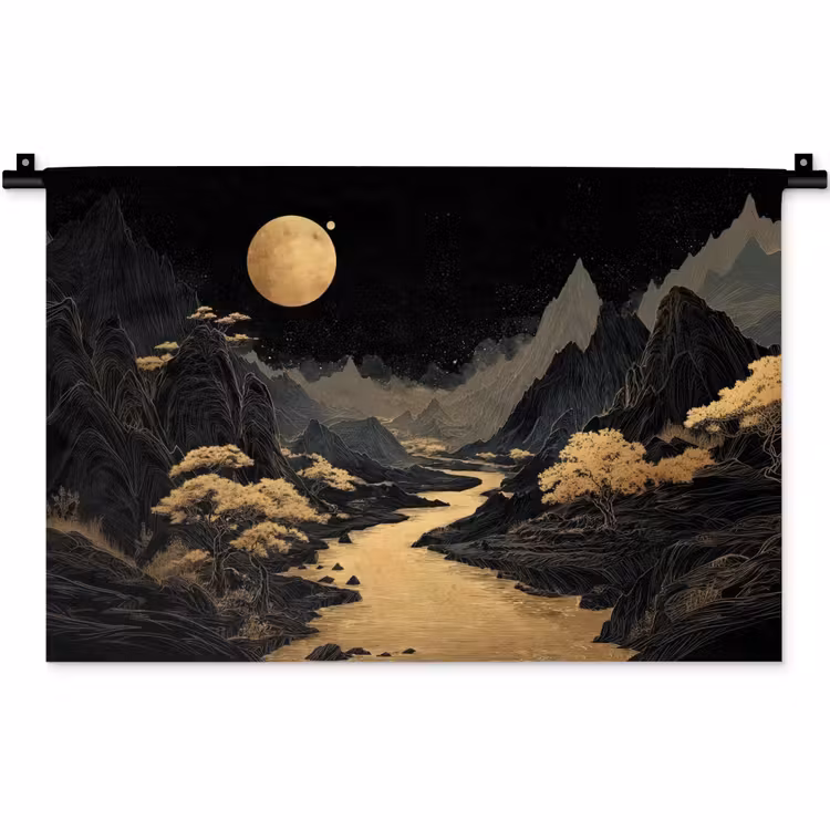 Wandkleed - Gouden rivier - Bergen - Maan - Sterrenhemel — 1