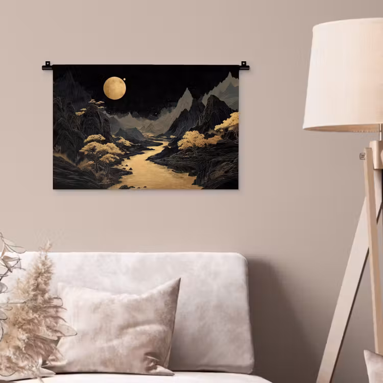Wandkleed - Gouden rivier - Bergen - Maan - Sterrenhemel — 2