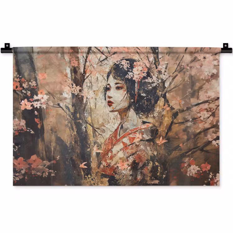 Wandkleed - Kimono - Vrouw - kersenbomen — 1
