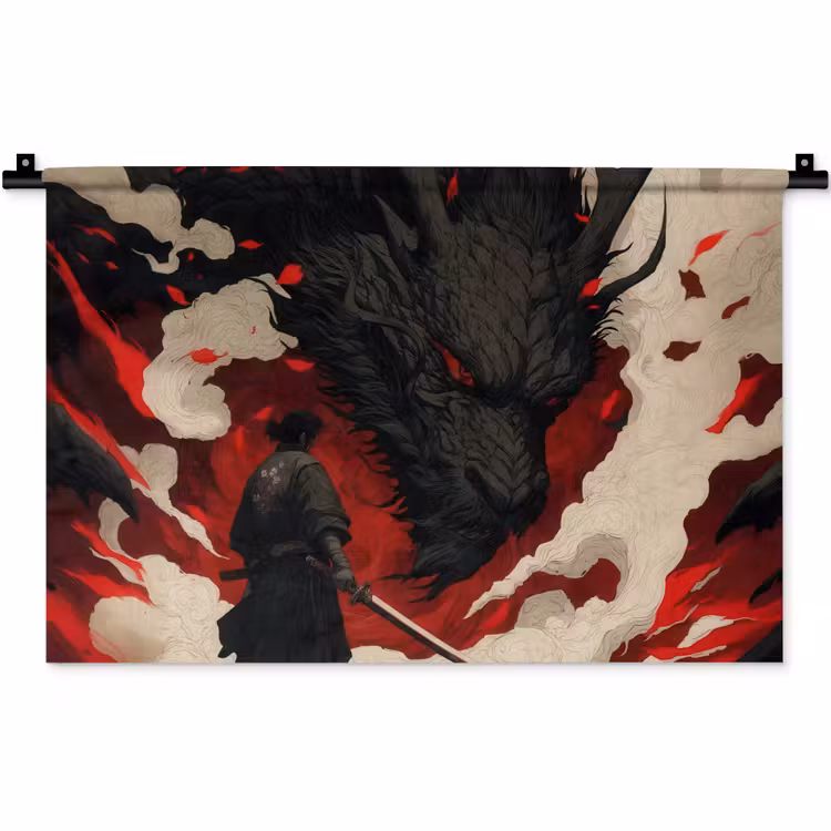 Wandkleed - Krijger - Draak - Zwart - Rood - Rook — 1