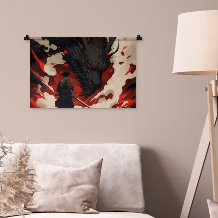 Wandkleed - Krijger - Draak - Zwart - Rood - Rook — 2