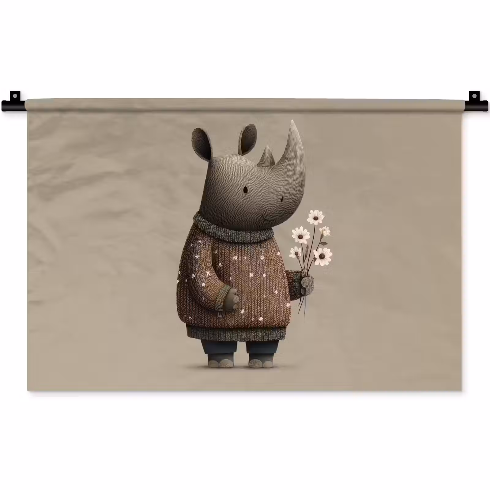 Wandkleed - Neushoorn - Witte bloemen - Lief — 1