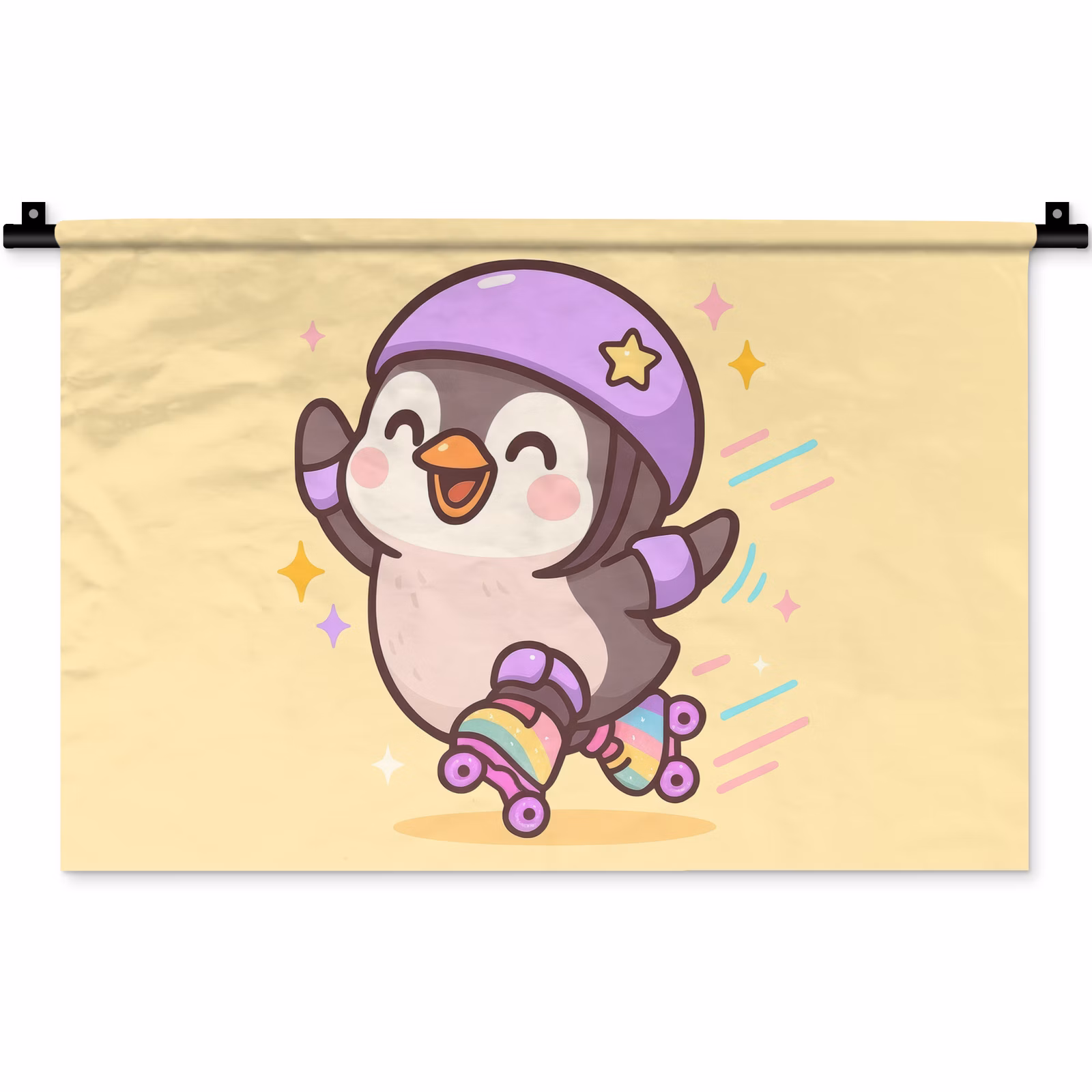 Wandkleed - Pinguïn - Rolschaatsen - Geel - Energiek — 1